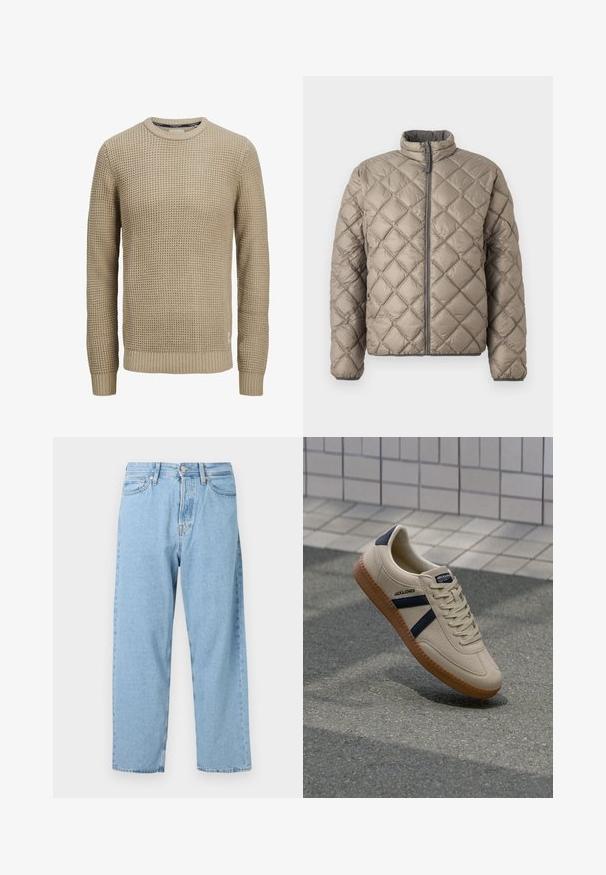 Quiltet jakke i lys beige med høj krave, frontlynlås og struktureret diamantmønster hele vejen igennem. Grå detaljer på lynlåsen.; Beige langærmet strikket sweater med tekstureret vaffelmønster, rund halsudskæring samt ribstrikkede manchetter og kant.; Lyseblå høj talje straight-leg jeans med fem lommer samt en frontlukning med knap og lynlås.; Beige sneaker med struktureret overflade, marineblå striber og gummisål. Har en polstret tunge og traditionelt snørresystem for en sikker pasform.