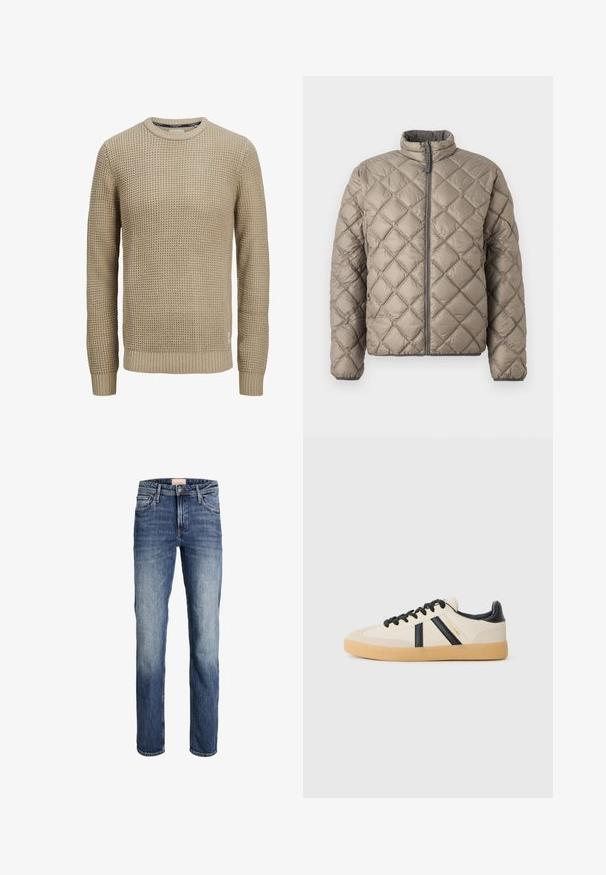 Quiltet jakke i lys beige med høj krave, frontlynlås og struktureret diamantmønster hele vejen igennem. Grå detaljer på lynlåsen.; Beige langærmet strikket sweater med tekstureret vaffelmønster, rund halsudskæring samt ribstrikkede manchetter og kant.; Straight-leg blå jeans med let falmning på lår og knæ, frontlukning med knap og lynlås samt femlommesdesign.; Casual sneakers i creme med sorte striber, med en tekstureret overdel og sål i gummigummi. Snørebåndene er sorte. Diskret logo på siden.
