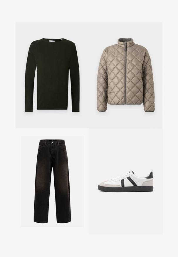Veste matelassée en beige clair, avec un col montant, une fermeture éclair à l'avant et un motif en diamants texturé sur l'ensemble. Accents gris sur la fermeture éclair.; Chemise en tricot à manches longues vert foncé avec un col rond, présentant un tissu texturé et des poignets ajustés. Étiquette visible au niveau du col.; Jeans en denim noir avec une coupe décontractée, comprenant des passants de ceinture, un design à cinq poches et une fermeture à bouton. Tissu texturé avec un léger effet de décoloration.; Baskets blanches avec des accents noirs et gris, présentant un embout texturé gris, une semelle en caoutchouc noir et des lacets plats blancs. Design épuré, style minimaliste.
