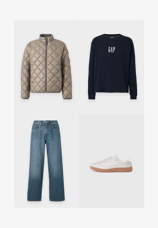 Quilted-Jacke in hellem Beige mit hohem Kragen, durchgehendem Reißverschluss und strukturiertem Rautenmuster. Graue Akzente am Reißverschluss.; Marineblaues Langarm-T-Shirt aus Baumwolle mit Rundhalsausschnitt und weißem "GAP"-Logo auf der Brust. Weiche Textur, lockere Passform.; Weite, dunkelblaue Denim-Jeans mit Knopfverschluss, Gürtelschlaufen und einem ausgewaschenen Textur. Mit fünf Taschen und Kontrastnähten.; Silberne Sneakers mit glatter Textur, Schnürdesign, durchbrochenen Akzenten und einer strukturierten braunen Gummisohle.