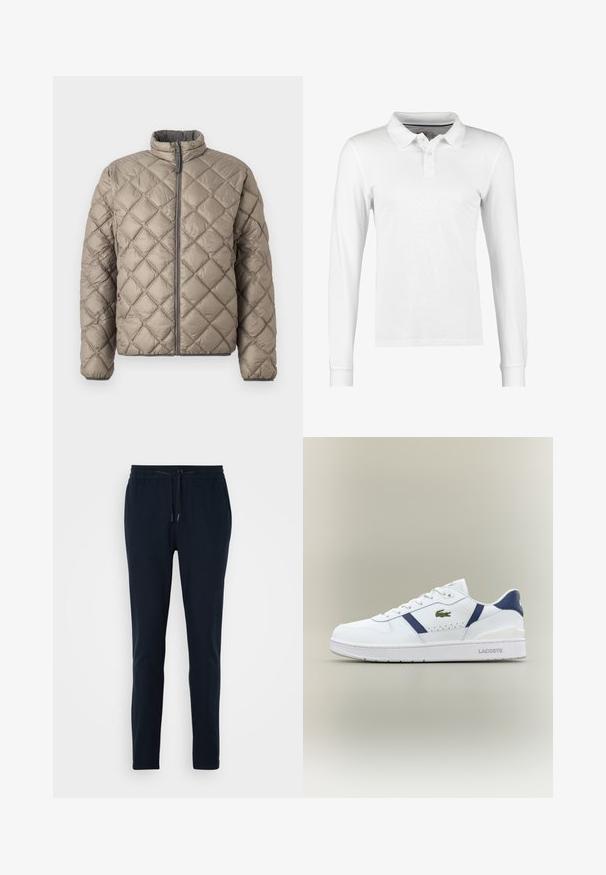 Chaqueta acolchada en beige claro, con cuello alto, cierre frontal de cremallera y patrón de diamantes texturizado en toda su superficie. Acentos grises en la cremallera.; Camisa polo de manga larga en algodón blanco, con cuello tipo polo, tapeta de tres botones y textura lisa sin patrones ni adornos.; Pantalones jogger azul marino hechos de tela suave, con cintura elástica, cordón ajustable y diseño de pierna ajustada.; Zapatilla Lacoste blanca con acentos en azul marino, logo de cocodrilo verde, diseño de cordones y suela de marca sobre fondo neutro.