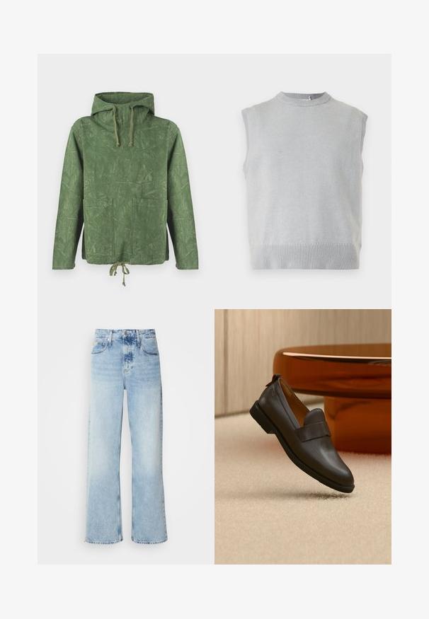 Grøn hættetrøje med tekstureret mønster, to forlommer og snoretræk i kanten. Fremstillet af et letvægtsmateriale.; Lysegrå strikket ærmeløs sweatervest med ribbet rund halsudskæring og kant, vist på en ensfarvet baggrund.; Lysblå vide jeans med høj talje, der har en falmet finish, bæltestropper og klassisk fem-lomme design. Kantene er rå.; Mørkebrun læderloafer med lav hæl svævende over beige tæppe, ved siden af et blankt, afrundet bord i ravfarve.