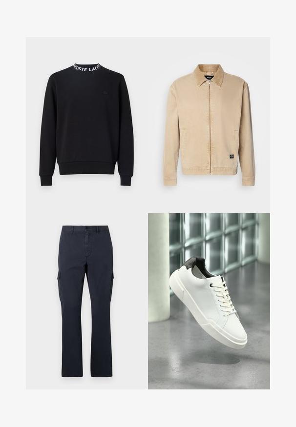 Beige, leichte Jacke mit Kragen, Frontreißverschluss und Seitentaschen. Mit einem kleinen Markenetikett am Saum. Glatte Textur.; Schwarzer Hoodie mit rundem Halsausschnitt und weißem "LACOSTE"-Schriftzug, gerippten Bündchen und Saum sowie einem kleinen schwarzen Logo auf der Brust.; Marineblaue Cargo-Hosen aus Baumwollmischung, mit seitlichen Taschen, geradem Schnitt und flacher Vorderseite mit Knopfverschluss.; Weißer Sneaker mit niedrigem Schaft, schwarzem, strukturiertem Fersenlaschen, weißen Schnürsenkeln und dicker Sohle auf einem polierten Betonboden in der Nähe von Glasbausteinen.