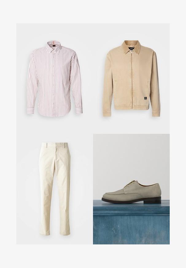Beige, letvægtsjakke med krave, frontlynlås og sidelommer. Har et lille mærke på sømmen. Glat tekstur.; Stribet skjorte i hvid og lys pink. Har krave, lange ærmer og et lille logo på brystet. Lavet af bomuldsmateriale.; Lys beige skræddersyede bukser med et tekstureret mønster, lige pasform og medium høj talje, der har bæltestropper og ingen synlige lommer.; Beige ruskindssko med snørebånd, rund tå og mørkebrun sål. Har en glat overflade og minimale syninger.