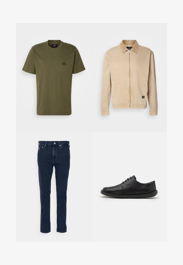 Beige, kevyt takki, jossa on kaulus, etuvetoketju ja sivutaskut. Takissa on pieni merkkilappu helman kohdalla. Sileä pinta.; Oliivinvihreä lyhythihainen T-paita, joka on valmistettu puuvillasta. Paidassa on pyöreä pääntie ja pieni brodeerattu logo vasemmassa rinnassa. Silkkinen pinta.; Tummansiniset farkut suoralla lahkeella, joissa on viisi taskua, vyölenkki ja metallinen napin sulku. Vaatteessa on sileä tekstuuri ja vähäinen ompelu.; Mustat nahkakengät, joissa on sileä pinta, pyöreä kärki ja vähäiset nauhat. Varustettu littealla kumipohjalla ja huomaamattomalla brändäyksellä sivussa.