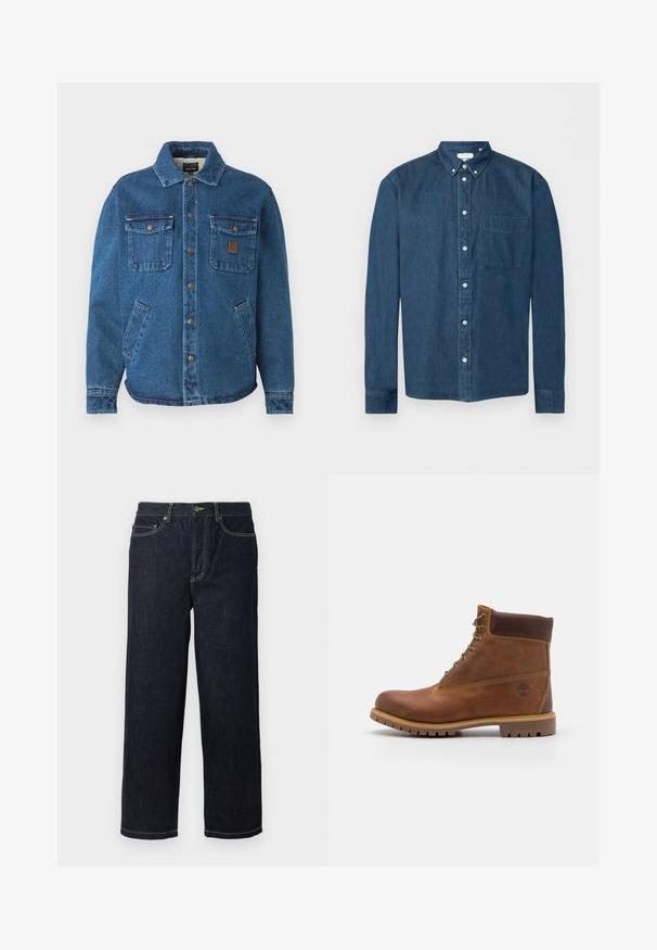 Blaue Jeansjacke mit zwei knopfgeknöpften Brusttaschen, Seitentaschen, einem Kragen und Metall-Druckknöpfen vorne.; Knopfbares dunkelblaues Denim-Hemd mit langen Ärmeln, einer Brusttasche links und einem Button-Down-Kragen, dargestellt vor weißem Hintergrund.; Dunkelblaue gerade geschnittene Jeans aus Denim mit fünf Taschen und weißen Kontrastnähten, Knopfverschluss und Gürtelschlaufen.; Braune Lederwanderschuhe mit glatter Oberfläche, gepolstertem Knöchel, Metallösen und einer Gummisohle mit robustem Profil.