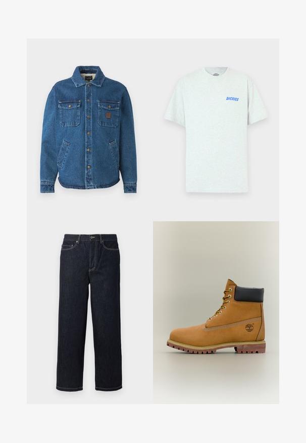 Veste en denim bleu avec deux poches poitrine à bouton, des poches latérales, un col et des boutons pression en métal sur le devant.; T-shirt gris à manches courtes en matériau mélangé coton, avec texte bleu "DICKIES" sur la poitrine gauche. Design classique à col rond.; Jean en denim droit bleu marine avec cinq poches et surpiqûres blanches contrastantes, fermeture à bouton et passants de ceinture.; Bottine en cuir marron avec col noir, lacets jaunes et semelle beige. Présente un logo et des détails de couture blanche. Semelle extérieure à traction robuste.