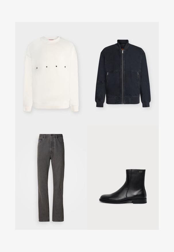 Veste bomber noire avec col, poignets et ourlet côtelés, fermeture éclair à l'avant et deux poches latérales zippées.; Sweat-shirt blanc à manches longues avec col rond, imprimé "HUGO" en lettres noires espacées sur la poitrine.; Jeans en denim gris avec une coupe droite, dotés de poches avant, d'une fermeture à bouton et d'une texture subtile.; Bottine en cuir noir à talon bas, couture latérale et petit logo "HUGO" sur le revers supérieur sur un fond uni.