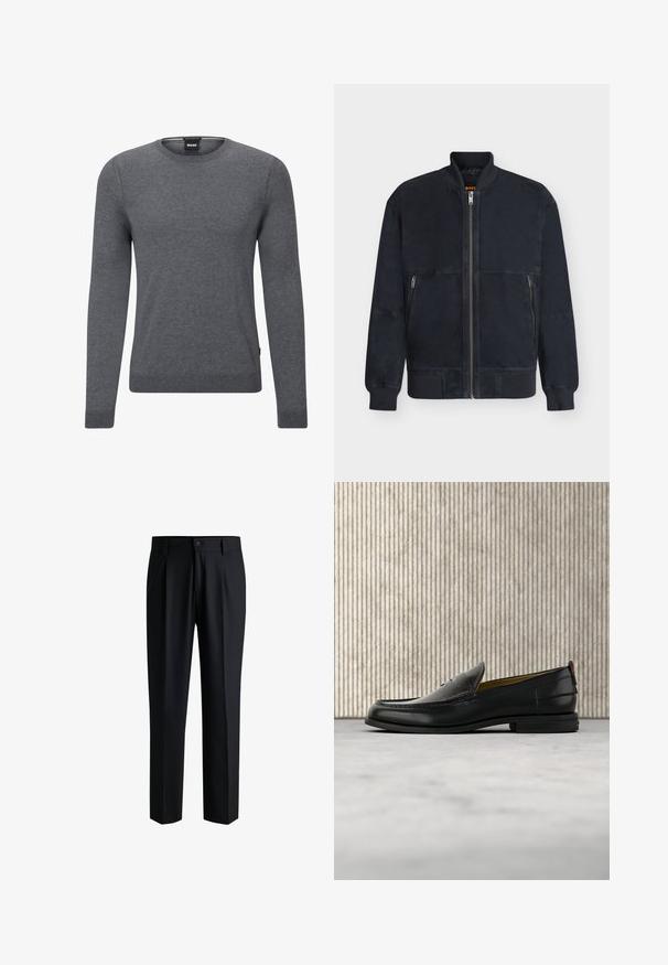 Sort bomberjakke med ribstrikket krave, manchetter og kant, lynlås foran og to lynlåslommer i siderne.; Grå crew-neck sweater lavet af blødt strikket stof. Den har lange ærmer, ribbede manchetter og kant, samt et lille logo-mærke på siden.; Sorte bukser lavet af glat stof, med lige ben-design, plisseringer foran og knaplukning med bæltestropper.; Sort læder herreloafer med krokodillepræget forstykke og lav hæl, vist i profil på en neutral baggrund.