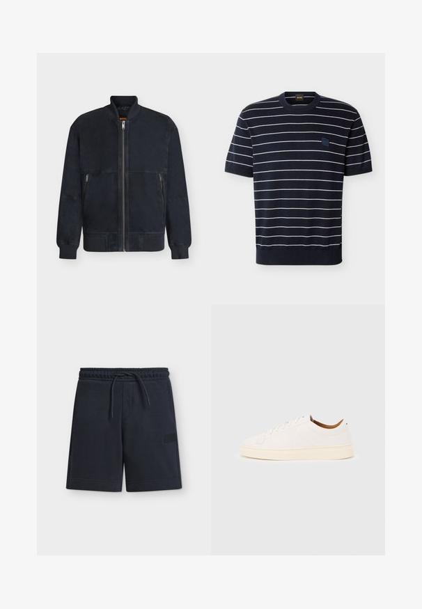 Veste bomber noire avec col, poignets et ourlet côtelés, fermeture éclair à l'avant et deux poches latérales zippées.; Chemise en maille bleu marine à manches courtes avec des rayures horizontales blanches et un petit patch logo carré BOSS sur la poitrine gauche.; Shorts casual bleu marine foncé avec taille élastique et cordon, longueur mi-cuisse, avec un patch logo discret sur le côté.; Baskets blanches basses avec un design à lacets, des détails de couture minimalistes, et une semelle couleur crème sur un fond gris clair.