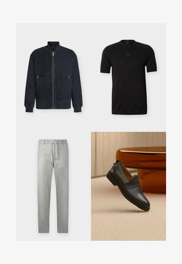 Veste bomber noire avec col, poignets et ourlet côtelés, fermeture éclair à l'avant et deux poches latérales zippées.; T-shirt noir à manches courtes avec col rond, logo "BOSS" subtil centré sur la poitrine, en tissu fin tricoté.; Pantalon gris clair à rayures avec une coupe droite, une taille à cordon de serrage et un tissu subtilement texturé. Présente des fines rayures verticales pour plus de détails.; Mocassin en cuir noir à talon bas flottant au-dessus d'un tapis beige, à côté d'une table brillante couleur ambre dans une pièce minimaliste.