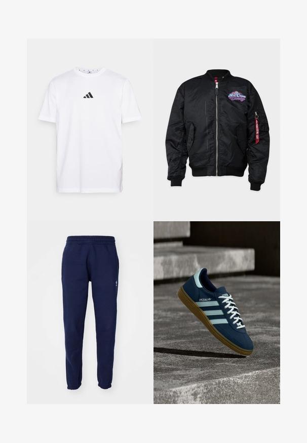 Alpha Industries Bomberjacks - black; Witte katoenen T-shirt met een klein zwart driehoekig logo op de borst, korte mouwen en een ronde halslijn. Eenvoudig en klassiek ontwerp.; Navyblauwe sweatpants van een katoenmix, met een elastische tailleband, taps toelopend design en subtiele logodetail aan de zijkant.; Blauwe Adidas Spezial sneaker met witte strepen en veters, gumzool, zwevend boven een ruwe betonnen oppervlakte en trappen op de achtergrond.