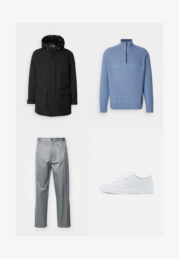 Parka noire avec capuche, dotée de plusieurs poches avant, d'une fermeture à bouton et d'un extérieur texturé. Doublée avec un matériau brillant.; Pull en tricot côtelé bleu clair avec un col montant et une fermeture éclair partielle au niveau du cou ; il a des manches longues et un ourlet droit.; Pantalons en mélange de coton gris à coupe droite, avec une fermeture à bouton sur le devant, des passants de ceinture et des poches latérales.; Baskets blanches en cuir avec une texture lisse, bout rond et coutures tonales. Possède des lacets bleus et un logo doré sur le côté.