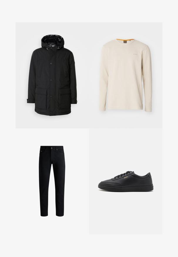 Sort parkajakke med hætte, der har flere frontlommer, knaplukning og en struktureret overflade. Foret med skinnende materiale.; Lys beige langærmet t-shirt lavet af struktureret stof. Har en rund hals og et lille logo på brystet med en orange detalje indeni kraven.; Sorte slim-fit jeans med fem lommer, knaplukning og bæltestropper, præsenteret mod en hvid baggrund.; Sorte lædersneakers med en glat overflade, rund tå, flad gummisål og tonede snørebånd. Udstyret med guld "BOSS" branding på siden.