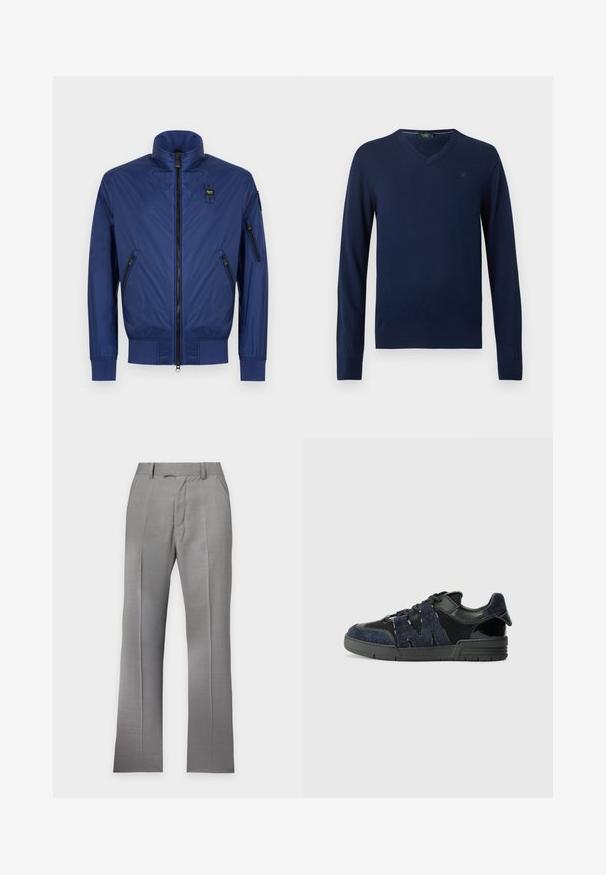 Marineblauwe jas met rits en opstaande kraag, twee voorzakken met rits, mouwboorden en een klein logo op de borst en mouwzak.; Marineblauwe V-hals trui met lange mouwen, geribbelde manchetten en zoom, met een subtiel geborduurd logo op de linkerborst.; Lichtgrijze formele broek met plooien, voorzakken, riemlussen en een verborgen voorzijde sluiting, weergegeven op een effen witte achtergrond.; Zwarte en marineblauwe sneakers zijn gemaakt van suede en mesh materialen, met een dikke zool en een opvallend uitgesneden "M" detail aan de zijkant.
