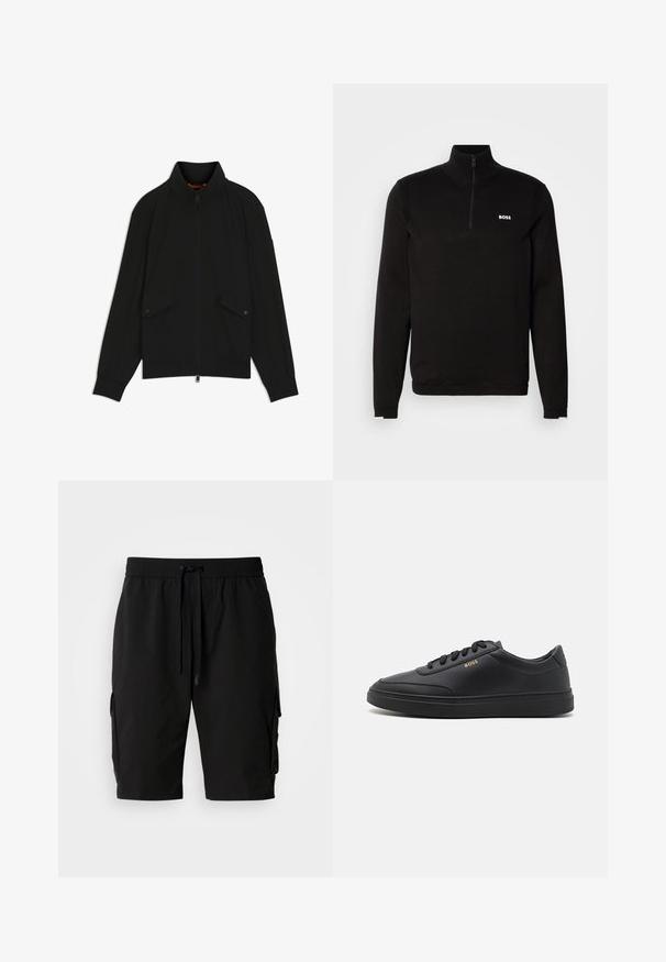 Veste noire zippée avec col montant, poches à rabat avec boutons, poignets et ourlet côtelés, présentée sur fond blanc.; Pull-over noir à demi-zip en tissu tricoté doux. Il présente un col montant, des manches longues et un logo BOSS blanc sur la poitrine.; Shorts cargo noirs en tissu léger, dotés d'une taille élastique, d'un cordon de serrage et de poches cargo latérales pour un rangement supplémentaire.; Baskets en cuir noir avec une texture lisse, bout rond, semelle en caoutchouc plate et lacets ton sur ton. Présente une marque "BOSS" dorée sur le côté.