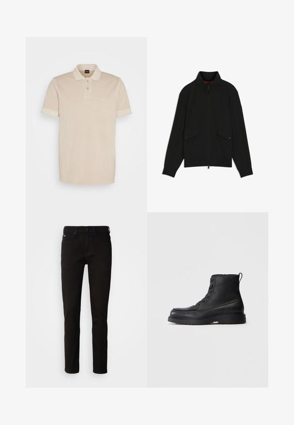 Sort lynlåsjakke med opretstående krave, klaplommer med knapper, ribstrikkede ærmeafslutninger og kant, vist på hvid baggrund.; Beige polo-shirt lavet af blødt bomuld. Den har en klassisk krave, to knapper og et lille broderet logo på brystet.; Sorte denimjeans med lige ben, lynlås og fem lommer. Stoffet har en glat tekstur uden synlige mønstre.; Sorte struktureret læder ankelstøvle med snørebånd, tykk sål og løkke bagpå, set fra siden.