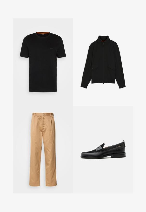 Schwarze Reißverschlussjacke mit Stehkragen, Pattentaschen mit Knöpfen, gerippten Bündchen und Saum, dargestellt vor weißem Hintergrund.; Schwarzes, kurzärmeliges T-Shirt aus weichem Stoff, mit rundem Ausschnitt und einem dezenten Logo auf der Vorderseite. Der Innensaum hat einen orangefarbenen Akzent.; Khaki-Hosen aus Baumwollmischung, im geraden Schnitt, mit Vorderfalten, Gürtelschlaufen und Knopfverschluss. Glatte Textur ohne Muster.; Schwarzer Lederloafer mit grauem Riemendetail, niedrigem Absatz und strukturierter Sohle, seitlich mit „HUGO“ in Gold gebrandmarkt.