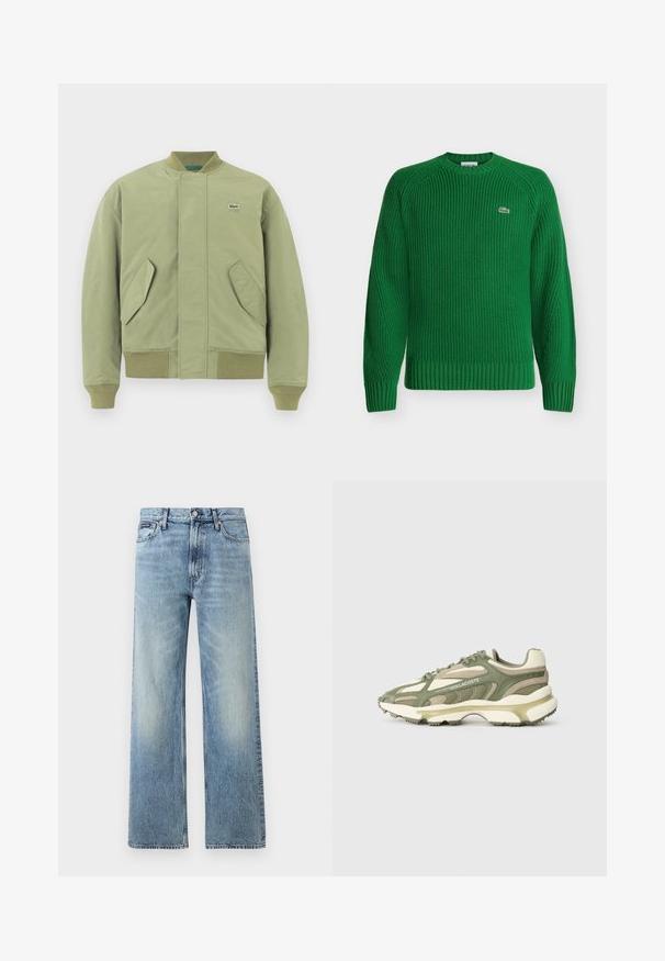 Chaqueta bomber verde con cuello y puños acanalados, dos bolsillos frontales en ángulo y un pequeño logo de Lacoste en el pecho. Textura de tela suave.; Jersey verde de punto con cuello redondo, mangas largas y un pequeño logo de cocodrilo bordado en el pecho izquierdo.; Vaqueros de mezclilla azul claro de corte recto con cintura alta, cinco bolsillos, cierre de botón y sutil desgaste en los muslos y las rodillas.; Zapatillas deportivas verdes y beige con parte superior de malla y ante, entresuela texturizada, sistema de cordones visible y detalle de logotipo en relieve.