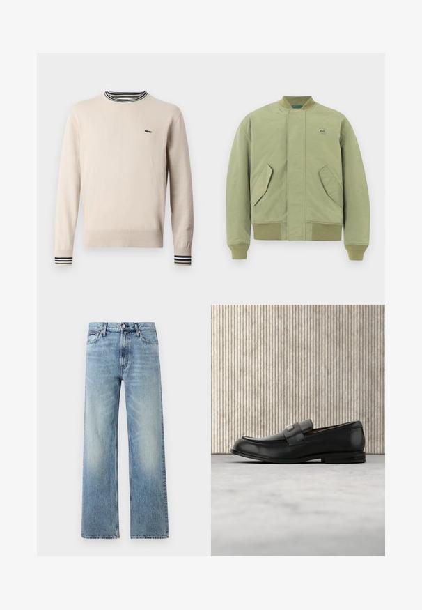 Veste bomber verte avec un col et des poignets côtelés, deux poches avant en angle et un petit logo Lacoste sur la poitrine. Texture de tissu lisse.; Pull beige en tissu tricoté, avec un col rond, des poignets côtelés ornés de rayures noires et vertes, et un petit logo sur la poitrine.; Jean droit en denim bleu clair avec taille haute, cinq poches, fermeture à boutons et léger délavage sur les cuisses et les genoux.; Mocassin en cuir noir avec une plaque de marque en métal reposant près d'une table ronde marron sur un sol recouvert de moquette beige.
