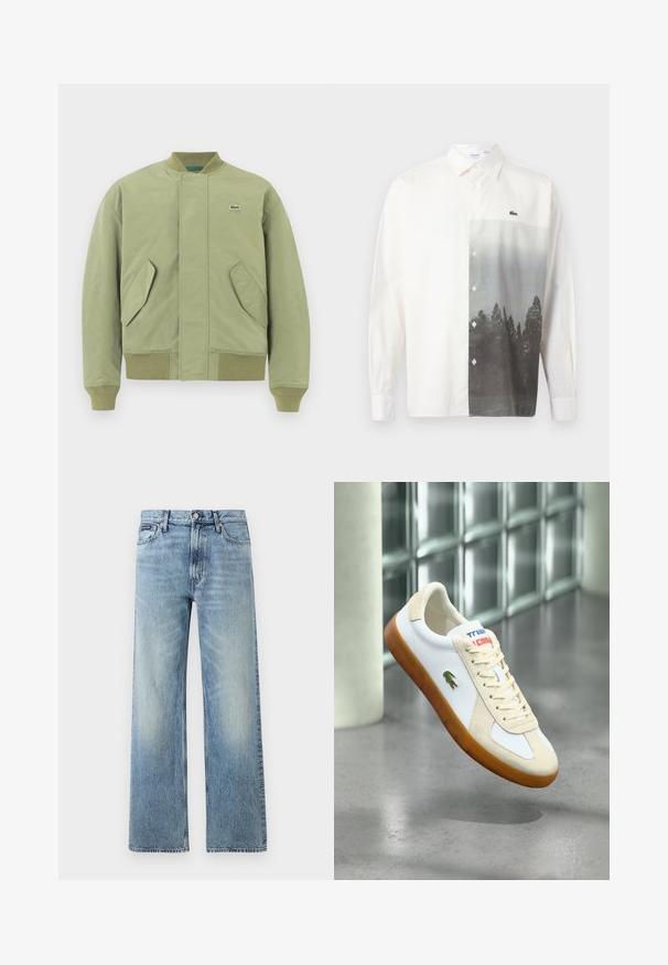 Veste bomber verte avec un col et des poignets côtelés, deux poches avant en angle et un petit logo Lacoste sur la poitrine. Texture de tissu lisse.; Chemise blanche à manches longues avec boutons, ornée d'un paysage forestier en niveaux de gris imprimé sur le côté droit avant et d'un petit logo de crocodile vert.; Jean droit en denim bleu clair avec taille haute, cinq poches, fermeture à boutons et léger délavage sur les cuisses et les genoux.; Baskets en cuir blanc avec accents en daim beige, lacets crème et semelle en caoutchouc marron. Présentent un logo vert sur le côté et un marquage coloré.