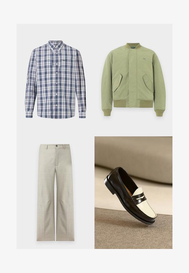 Roheline pommitaja jakk, ribaga krae ja mansetid, kaks nurga all asuvat esikotti ning väike Lacoste logo rinnal. Sile kangast tekstuur.; Sinine ja valge ruuduline pluus, millel on klassikaline krae, pikad varrukad ja rinnal väike tikand.; Heledad beežid formaalsed püksid sirgete säärtega, nööpide ja tõmblukuga sulgur, pöörete jaoks silmused, valgel taustal.; Mustad mustaläik king, millel on kreemivärvi vamp ja mustad aktsentribad, madala kanna ja detailse tikandiga servadel.