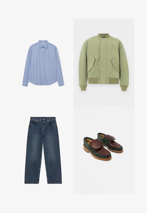 Groene bomberjack met een ribbelkraag en manchetten, twee schuin geplaatste voorzakken en een klein Lacoste-logo op de borst. Gladde stofstructuur.; Lange mouwen knoop shirt in lichtblauw met verticale strepen. Voorzien van een puntige kraag en een borstzak. Gemaakt van een gladde stof.; Donkerblauwe spijkerbroek met rechte pijpen, vijf zakken en knoopsluiting, plat gelegd op een witte achtergrond.; Leren schoenen met een donkergroene body en een wijnrode bovenkant, een ronde neus, een beveiligde klep en een gestructureerde rubberen zool met groeven.
