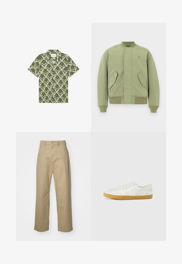 Chaqueta bomber verde con cuello y puños acanalados, dos bolsillos frontales en ángulo y un pequeño logo de Lacoste en el pecho. Textura de tela suave.; Camisa de manga corta con un patrón floral verde sobre un fondo beige claro. Presenta un cuello y una etiqueta con la inscripción "Les Deux".; Pantalones de algodón beige con un diseño de pierna recta, que cuentan con un cierre frontal de botón y cremallera, y dos bolsillos laterales. Textura suave.; Zapatilla deportiva de cuero blanco con textura suave, que presenta un logo 'V' beige, puntera redonda, diseño con cordones y suela de goma color chicle.