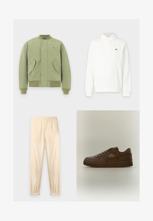 Veste bomber verte avec un col et des poignets côtelés, deux poches avant en angle et un petit logo Lacoste sur la poitrine. Texture de tissu lisse.; Polo blanc à manches longues avec trois boutons et un petit logo crocodile vert sur la poitrine gauche.; Pantalon beige clair à taille élastique avec poignets froncés, coupe droite et tissu lisse, présenté sur un fond clair uni.; Baskets basses en cuir marron avec un design à lacets et un logo crocodile vert sur le côté, présentées sur un fond neutre uni.