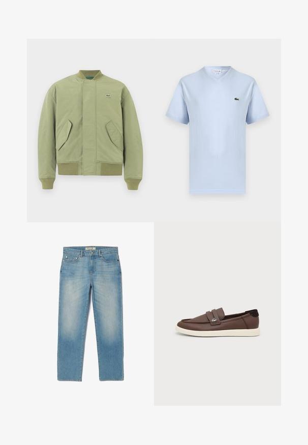 Groene bomberjack met een ribbelkraag en manchetten, twee schuin geplaatste voorzakken en een klein Lacoste-logo op de borst. Gladde stofstructuur.; Lichtblauw V-hals T-shirt met korte mouwen en een klein groen Lacoste krokodillenlogo op de linkerborst.; Lichtblauwe denim jeans met een recht gesneden ontwerp, vijf zakken en een licht vervaagde wassing. Voorzien van zilverkleurige hardware en een merklabel op de tailleband.; Bruine leren loafer met witte rubberen zool, instapmodel en klein metalen krokodillenlogo op de zijriem.