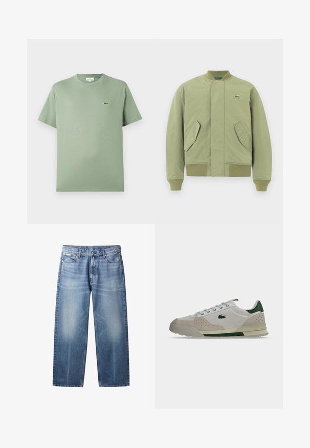 Grøn bomberjakke med ribbet krave og manchetter, to skrå forlommer og et lille Lacoste-logo på brystet. Glat stofstruktur.; Lysegrøn bomulds T-shirt med rund halsudskæring, korte ærmer og et lille logo på venstre bryst. Glat tekstur, standard pasform.; Lyseblå jeans med lige ben, falmede områder, fem lommer, knaplukning og Calvin Klein-mærke på højre forlommer.; Sneakers med lavt skaft i beige og hvid med grønne accenter, tekstureret sidepanel, perforeringer og snørelukning.