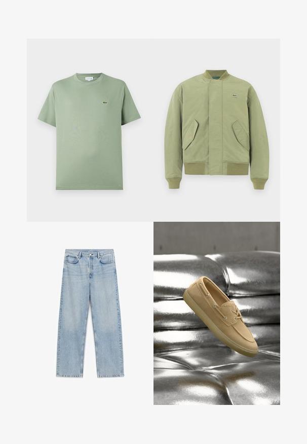 Grüne Bomberjacke mit geripptem Kragen und Bündchen, zwei schrägen Fronttaschen und einem kleinen Lacoste-Logo auf der Brust. Glatte Stoffoberfläche.; Hellgrünes Baumwoll-T-Shirt mit Rundhalsausschnitt, kurzen Ärmeln und einem kleinen Logo auf der linken Brust. Glatte Textur, normale Passform.; Hellblaue Jeans mit geradem Bein, vorderen und hinteren Taschen, Gürtelschlaufen sowie einem Knopf- und Reißverschluss.; Beiger Wildleder-Bootsschuh mit Schnürdetails, der über einer glänzenden, metallisch silbernen, gesteppten Lederoberfläche schwebt.