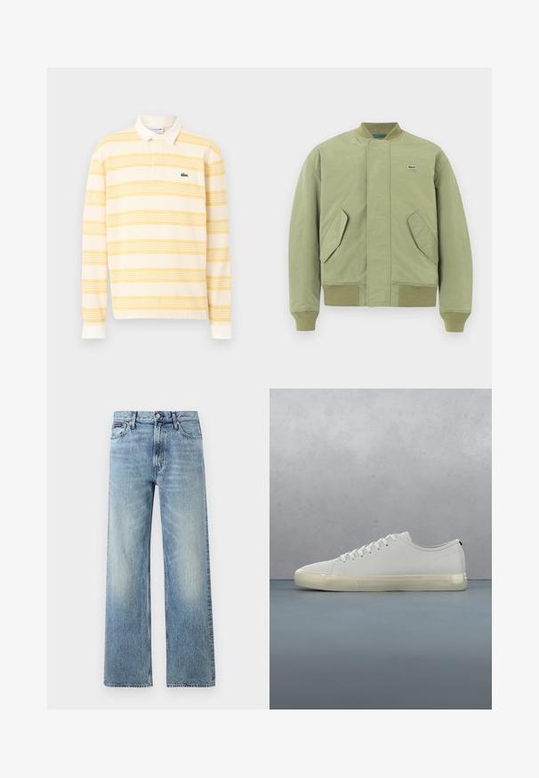 Veste bomber verte avec un col et des poignets côtelés, deux poches avant en angle et un petit logo Lacoste sur la poitrine. Texture de tissu lisse.; Polo à manches longues rayé jaune et blanc avec un col blanc et un petit logo crocodile vert sur la poitrine.; Jean droit en denim bleu clair avec taille haute, cinq poches, fermeture à boutons et léger délavage sur les cuisses et les genoux.; Baskets en cuir blanc avec lacets flottant au-dessus de carreaux en bois carrés et de petits cailloux, avec un arbre et un fond gris.