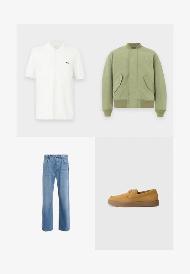 Veste bomber verte avec un col et des poignets côtelés, deux poches avant en angle et un petit logo Lacoste sur la poitrine. Texture de tissu lisse.; Polo-shirt blanc en coton lisse avec un col classique, patte de boutonnage à trois boutons et un petit logo crocodile vert sur la poitrine.; Jeans en denim bleu clair avec une coupe droite, cinq poches, fermeture à bouton, peu d'usure et des détails de couture contrastés.; Chaussures slip-on en suède marron avec une finition texturée, un bout rond et une semelle en caoutchouc contrastante. Présente une marque discrète près du talon.