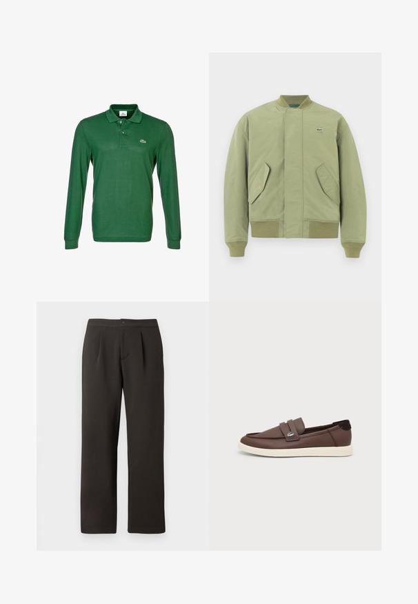 Groene bomberjack met een ribbelkraag en manchetten, twee schuin geplaatste voorzakken en een klein Lacoste-logo op de borst. Gladde stofstructuur.; Groene lange mouwen polo shirt van zacht materiaal. Voorzien van een drie-knopen sluiting en een klein geborduurd logo op de borst.; Donkerbruine, rechte broek met een platte voorkant, twee plooien en een knoopsluiting. Gemaakt van een gladde stof met een lichte textuur.; Bruine leren loafer met witte rubberen zool, instapmodel en klein metalen krokodillenlogo op de zijriem.