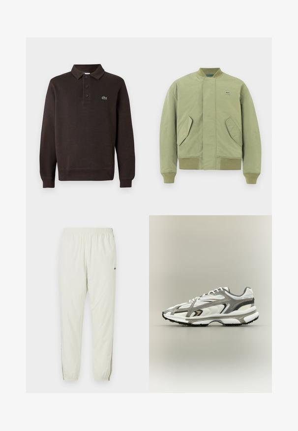 Groene bomberjack met een ribbelkraag en manchetten, twee schuin geplaatste voorzakken en een klein Lacoste-logo op de borst. Gladde stofstructuur.; Bruine lange mouwen polo shirt gemaakt van textuurstof, met een drieknoopsluiting en een klein Lacoste-logo op de borst.; Creme kleurige lichte joggingsbroek met een elastische tailleband, cuffs bij de enkels, zijslitsen en een klein groen logo op de bovenbenen.; Sportschoen met een witte mesh bovenkant, grijze accenten, zwarte rubberen zool en een gestroomlijnd ontwerp. Bevat veters en textuurdetails.