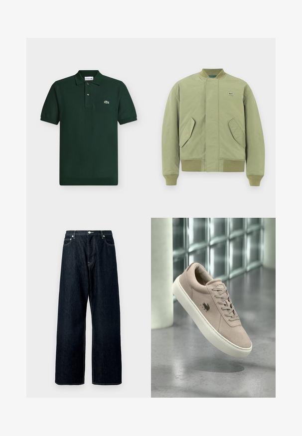 Veste bomber verte avec un col et des poignets côtelés, deux poches avant en angle et un petit logo Lacoste sur la poitrine. Texture de tissu lisse.; Polo Lacoste manches courtes vert foncé avec col, deux boutons et petit logo crocodile brodé sur la poitrine gauche.; Jean en denim large bleu foncé avec fermeture à boutons et à glissière à l'avant, passants de ceinture et couture visible sur les poches et les coutures.; Baskets en daim beige clair avec semelle blanche, design à lacets et logo oiseau noir sur le côté, présentées devant un fond moderne en blocs de verre.