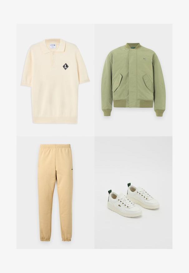Veste bomber verte avec un col et des poignets côtelés, deux poches avant en angle et un petit logo Lacoste sur la poitrine. Texture de tissu lisse.; Polo crème à manches courtes avec deux boutons et un écusson logo noir en forme de losange avec un "L" blanc sur la poitrine gauche.; Pantalon de jogging beige avec taille élastique et poignets, arborant un petit logo crocodile vert brodé sur la cuisse droite.; Baskets en cuir blanc avec des accents verts, design à lacets, œillets dorés et panneaux texturés. Semelle en caoutchouc épaisse couleur crème.