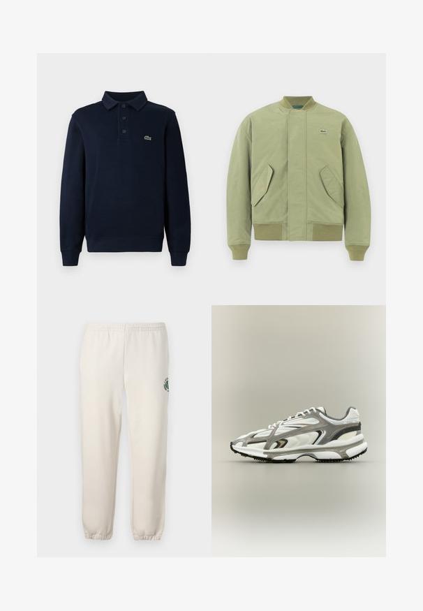 Veste bomber verte avec un col et des poignets côtelés, deux poches avant en angle et un petit logo Lacoste sur la poitrine. Texture de tissu lisse.; Polo à manches longues bleu marine avec patte de boutonnage et petit logo de crocodile vert sur la poitrine.; Pantalon de jogging beige clair en coton, doté d'une taille élastique, de poignets en côtes et d'un logo vert avec un design de feuille sur la jambe gauche.; Chaussure de sport avec une tige en mesh blanc, des accents gris, une semelle en caoutchouc noire et un design épuré. Elle présente des lacets et des détails texturés.