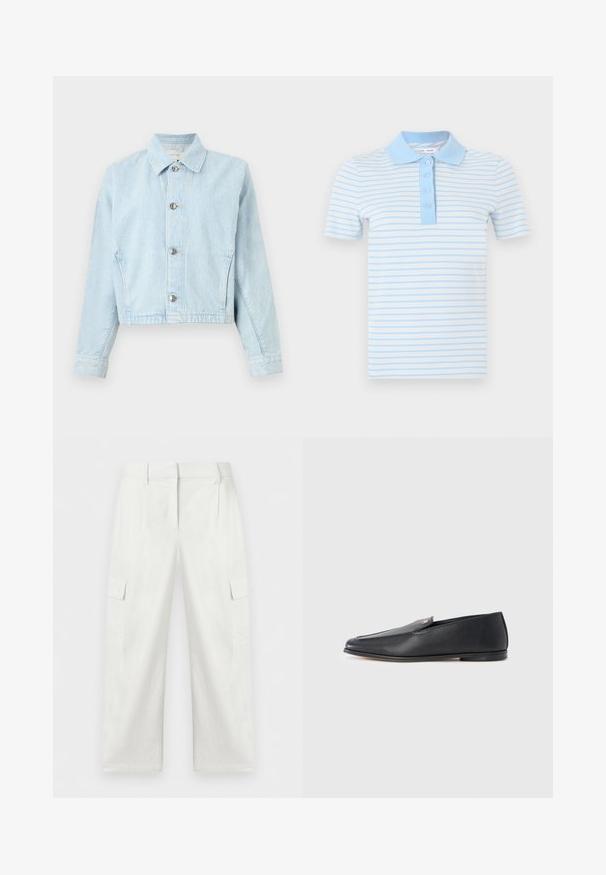 Veste en jean bleu clair avec motif matelassé discret, fermeture à boutons sur le devant, col pointu, manches longues et poignets ajustés.; Polo rayé bleu clair et blanc, en tissu doux. Col et patte de boutonnage unis bleu clair avec quatre boutons. Manches courtes.; Pantalon cargo blanc à jambes droites avec poches à rabat sur les côtés, passants pour ceinture et fermeture éclair frontale, présenté sur un fond uni.; Mocassins en cuir noir à texture lisse, bout arrondi et détails de couture subtils. Ils présentent un accent logo doré sur le côté supérieur.