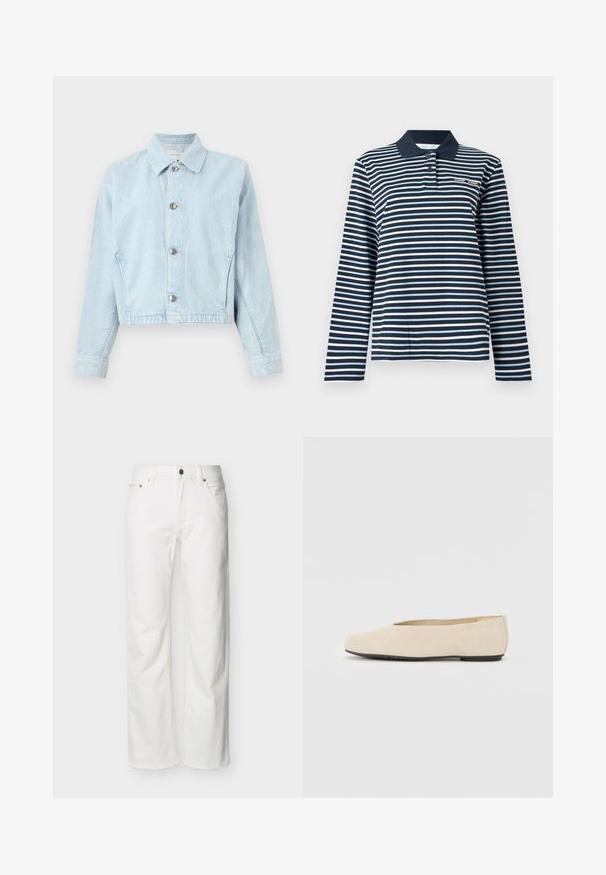 Veste en jean bleu clair avec motif matelassé discret, fermeture à boutons sur le devant, col pointu, manches longues et poignets ajustés.; Polo à manches longues à rayures bleu marine et blanches, en coton, avec un col boutonné et un petit logo sur la poitrine.; Jean blanc à jambes droites avec poches avant, passants pour ceinture, fermeture par bouton, et coutures visibles sur un fond uni.; Ballerine en daim beige avec un bout arrondi, semelle plate et design minimaliste. Texture lisse et sans matériel ou ornements visibles.