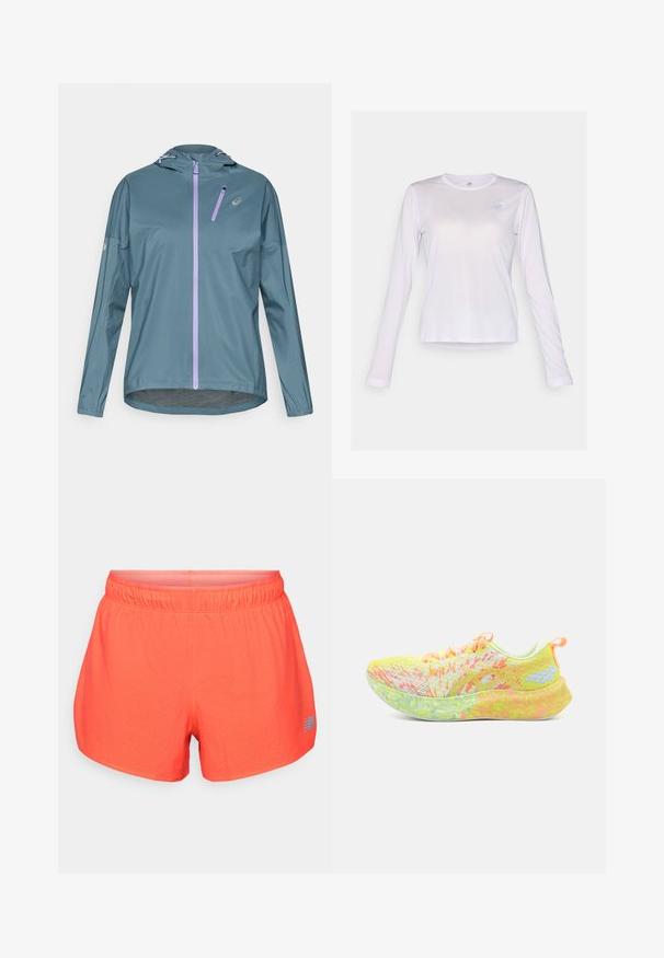 Chaqueta ligera para correr de color verde azulado con cremallera morada, capucha ajustable y puños elásticos. Cuenta con un pequeño bolsillo con cremallera en el pecho.; New Balance ATHLETICS - Camiseta de manga larga - taro heather; Bermudas de running para hombre en un vibrante color coral, fabricadas con un tejido transpirable y texturizado con perforaciones. Cuentan con una cintura elástica y un acento del logo en azul.; ASICS NOOSA TRI 16 - Zapatillas running asfalto - safety yellow/cool matcha