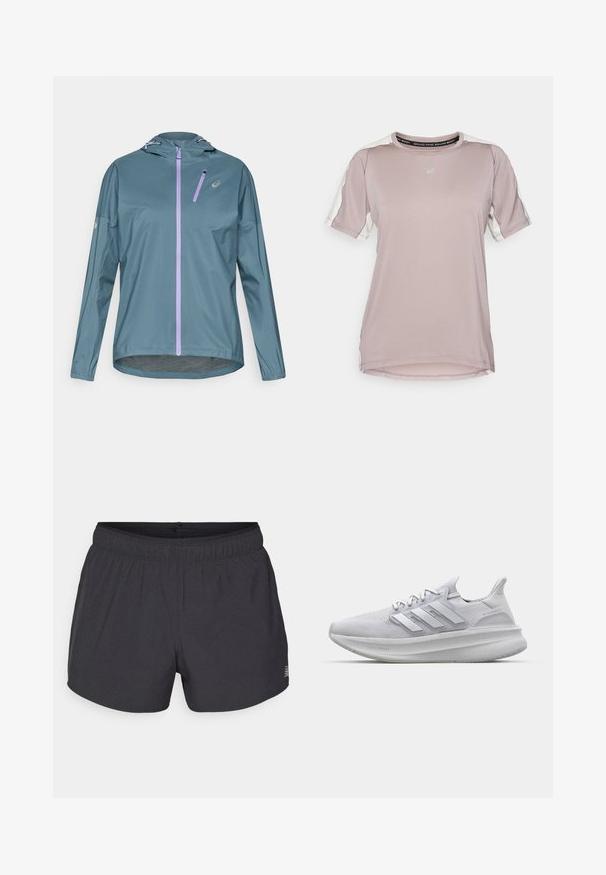 Kevyt, teelinsininen juoksutakki, jossa on violetti vetoketju, säädettävä hupullinen huppu ja joustavat hihansuut. Takissa on pieni vetoketjullinen tasku rinnassa.; ASICS FUJITRAIL ELITE TOP - Tekninen t-paita - rainstorm grey/cream; Mustat urheilushortsit, jotka on valmistettu hengittävästä kankaasta, joustavalla vyötärönauhalla, ja joissa on hillitty rei'itetty tekstuuri sekä pieni logo-tyyli.; Valkoinen urheilukenkä, jossa on teksturoitu verkko-osa, kolmiulotteiset sivuviivat ja paksu pohja, jossa on merkintä 'LIGHT BOOST'.
