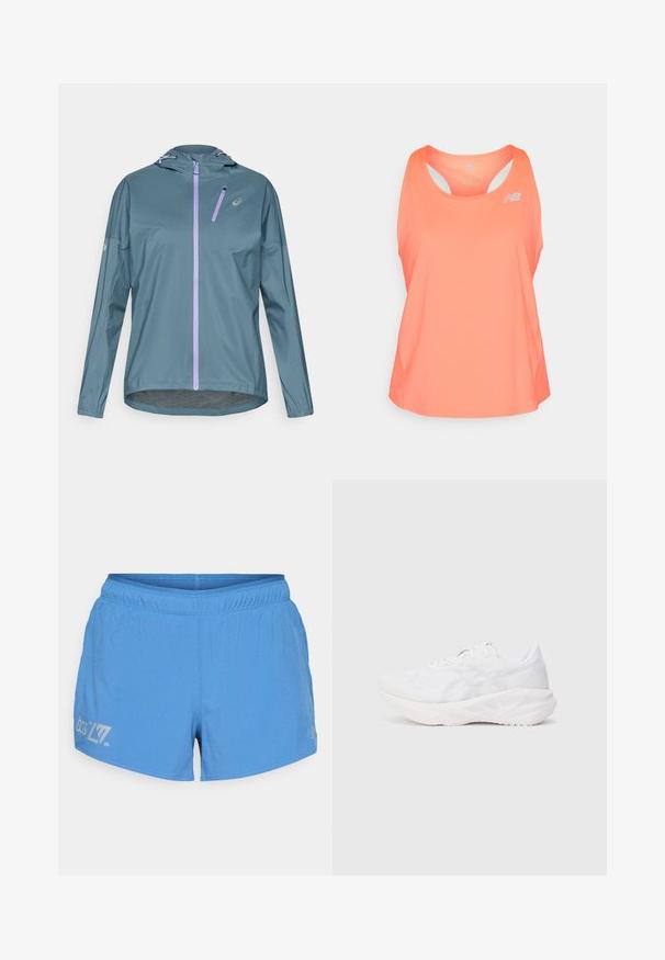 Lichtgewicht, turquoise hardloopjack met een paarse ritssluiting, verstelbare capuchon en elastische manchetten. Voorzien van een klein zakje met ritssluiting op de borst.; Roze sporttanktop met een ronde hals, racerback ontwerp en ventilatiegaten. Heeft een klein reflecterend logo op de voorkant.; Lichtblauwe hardloopshorts met een geperforeerde textuur, elastische tailleband en bedrukte logo en details op de linker dij.; Witte sportieve schoen met een ademende mesh bovenkant en een gevoerde zool, voorzien van een gestructureerd patroon en minimalistische ontwerpelementen.