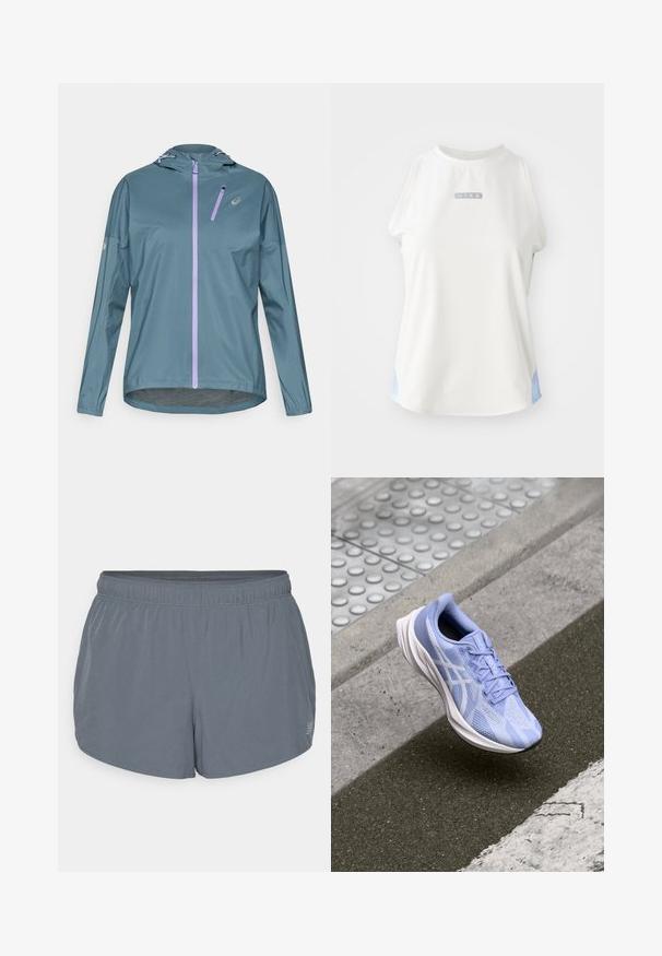 Letvægts, turkis løbejakke med lilla lynlås, justerbar hætte og elastiske manchetter. Har en lille lynlåslomme på brystet.; Hvid ærmeløs Nike-top med rund halsudskæring, der har et sølvlogo og lyseblå detaljer i siderne. Glat, atletisk stofstruktur.; Grå athletic shorts med en blød tekstur, elastisk talje og en let buet kant. Har små perforeringer for åndbarhed.; Lysblå løbesko med en mesh-overdel, teksturerede mønstre og hvide accenter. Har en polstret sål og snørebånd for en sikker pasform.