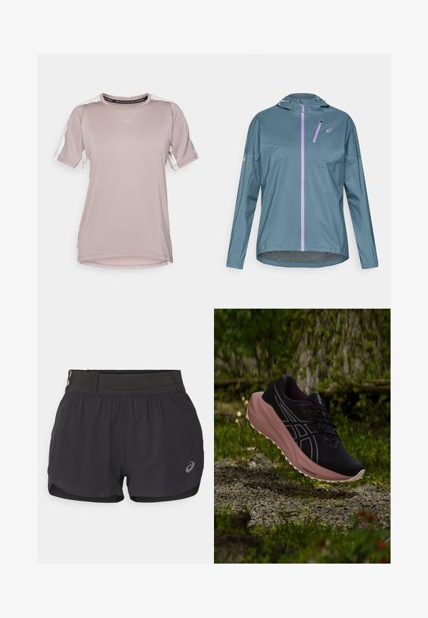 Lichtgewicht, turquoise hardloopjack met een paarse ritssluiting, verstelbare capuchon en elastische manchetten. Voorzien van een klein zakje met ritssluiting op de borst.; ASICS FUJITRAIL ELITE TOP - Sport T-shirt - rainstorm grey/cream; Zwarte hardloopshorts met een gaasband, met een zachte textuur, een korte lengte en een klein logo aan de onderzijde rechts.; Zwarte en roze hardloopschoen hangend boven grind en mos in een bosrijke buitenomgeving.