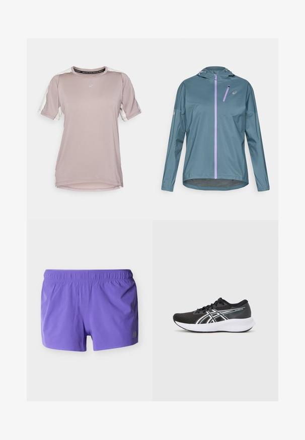 Lichtgewicht, turquoise hardloopjack met een paarse ritssluiting, verstelbare capuchon en elastische manchetten. Voorzien van een klein zakje met ritssluiting op de borst.; ASICS FUJITRAIL ELITE TOP - Sport T-shirt - rainstorm grey/cream; Paarse sportkorte broek met elastische tailleband en kleine perforaties voor ademend vermogen, weergegeven tegen een effen achtergrond.; Zwarte sportieve schoenen met een gestructureerde mesh bovenkant, witte accenten en een gewatteerde witte zool. Heeft een logo aan de zijkant en veters.