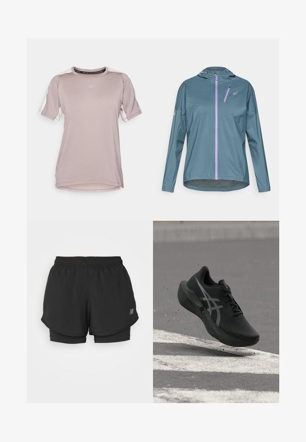 Leichte, türkisfarbene Laufjacke mit lila Reißverschluss, verstellbarer Kapuze und elastischen Bündchen. Verfügt über eine kleine Reißverschlusstasche auf der Brust.; ASICS FUJITRAIL ELITE TOP - Sport T-Shirt - rainstorm grey/cream; Schwarze Sportshorts mit elastischem Bund, ausgestattet mit einem gestuften Design und einem inneren Futter. Der Stoff wirkt leicht und glatt.; Schwarzer Laufschuh mit weißem Logo in der Luft über Asphalt mit weißer Straßenmarkierung und kleinen aufgewirbelten Partikeln darunter.
