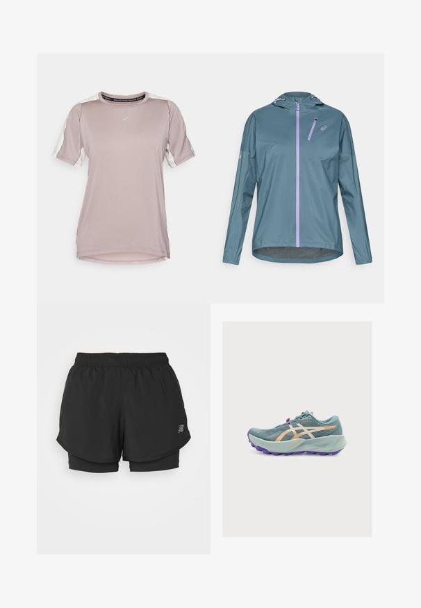 Kevyt, teelinsininen juoksutakki, jossa on violetti vetoketju, säädettävä hupullinen huppu ja joustavat hihansuut. Takissa on pieni vetoketjullinen tasku rinnassa.; ASICS FUJITRAIL ELITE TOP - Tekninen t-paita - rainstorm grey/cream; Mustat urheilushortsit, joissa on joustava vyötärö, ja joissa on kerroksellinen muotoilu sekä sisävuori. Kangas näyttää kevyeltä ja sileältä.; Vaaleansininen ja violetti juoksukenkä, jossa on beige logo ja paksu pohja, suunniteltu iskunvaimennukseen ja pitoon.