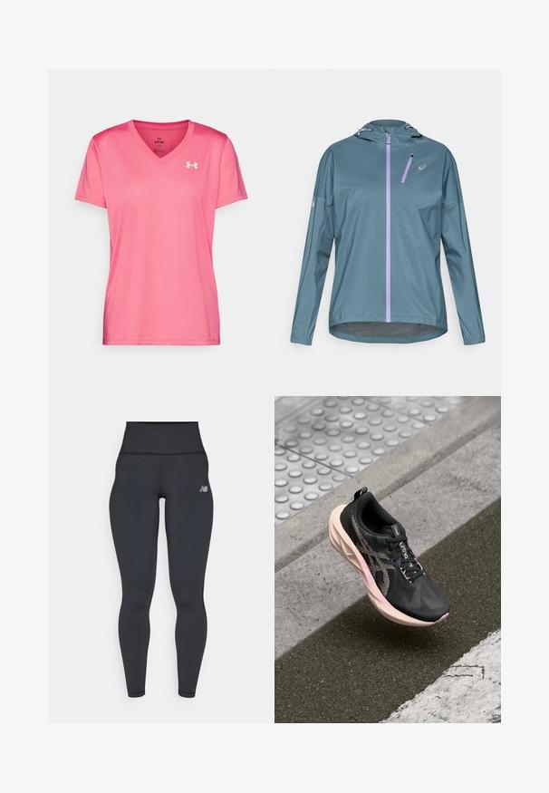 Lichtgewicht, turquoise hardloopjack met een paarse ritssluiting, verstelbare capuchon en elastische manchetten. Voorzien van een klein zakje met ritssluiting op de borst.; Roze sportieve T-shirt met een V-halsontwerp, korte mouwen en een lichte, gladde textuur. Heeft een wit logo op de bovenste linkerzijde.; Zwarte high-waisted sportlegging met een getailleerd ontwerp, een soepele textuur en een klein wit logo op de linkse heup.; Zwarte hardloopschoen met een gestructureerde gebreide bovenkant, roze zool en reflecterende accenten. Beschikt over platte veters en een gevoerde kraag.